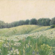 a drawing of a grassy field with trees in the distance and flowers on the ground