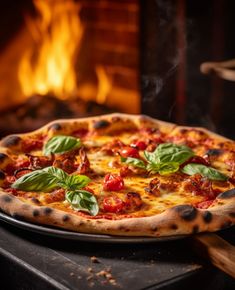 a pizza sitting on top of a pan in front of a fire place filled with hot coals