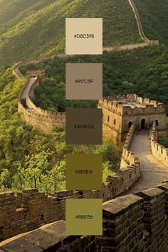 an image of the great wall of china in shades of green and brown, with text overlaying it