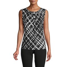 Printed Pleated-Neck Blouse. Fitted Calvin Klein Office Tops, Fitted Black Calvin Klein Top, Chic Black Calvin Klein Tops, Calvin Klein Black Tops For Workwear, Calvin Klein Black Tops For Work, Calvin Klein Tshirt, Lime Green Shirts, Pleated Neck, Calvin Klein Hoodie