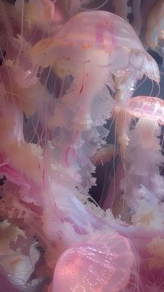 jellyfish are swimming in the water with their pink and white colors on it's body