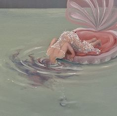 a painting of a woman floating on top of a pink floater in the water