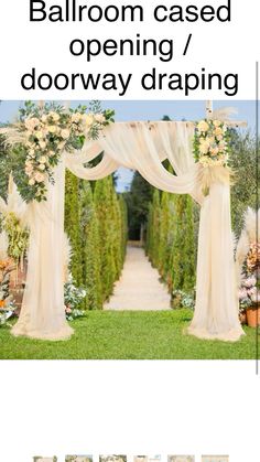 an outdoor wedding ceremony with white draping and flowers on the arbors is featured in this brochure