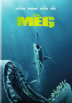 the movie poster for the upcoming film, the meeg with an image of a shark and a man swimming in the water