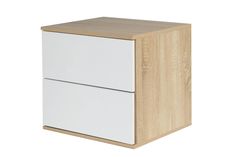 a white and wood cabinet with two drawers on each side, against a white background