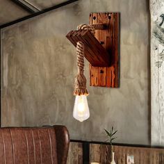 Industrial Style Wood Wall Sconce With Exposed Bulb And Rope Detail - Perfect For Bedroom Lighting 1 Light Bedroom, Electric Bulb, Sconces Bedroom, Industrial Wall Lights, Art Deco Chandelier, Wall Lighting, Bedroom Lighting