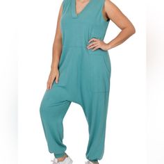 Zenana Plus Size Dusty Teal Sleeveless Harem Jumpsuit. New In Pkg Sizes Available 2x & 3x Bag 3 Bust 2x - 24 3x -25.5 Zanzea Plus Size Harem Pants, High-waist Dark Wash Jumpsuits And Rompers With Pockets, Button-up Medium Wash Jumpsuits And Rompers With Pockets, Blue Cotton Full-length Harem Pants, Denim Blue Cotton Non-stretch Jumpsuits And Rompers, Dusty Teal, Harem Jumpsuits, Pant Jumpsuit, Jumpsuit Romper