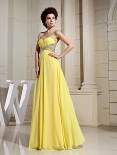 This Dress is fashionable for every occasion. the dress is made-to-order by professional tailors. You can choose from 50 colors, Regular sizes 2 to 16 and plus sizes 14w to 26W. Custom size is also available.. The product details: Color: Yellow, Silhouette: A-Line, Neckline: Sweetheart, Waistline: Empire Waist, Length: Long, Primary Fabric: Chiffon Fitted Chiffon Dress With Sweetheart Neckline For Formal Occasions, Formal Fitted Chiffon Dress With Sweetheart Neckline, Elegant Yellow Chiffon Dress, Yellow Chiffon Prom Dress, Formal Chiffon Dress With Sweetheart Neckline And Fitted Bodice, Elegant Yellow Floor-length Chiffon Dress, Yellow Elegant Dress With Pleated Bodice, Sweetheart Neckline Chiffon Dress With Fitted Bodice For Prom, Chiffon Dress With Sweetheart Neckline For Prom