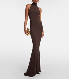 Turtleneck jersey gown in brown - Norma Kamali | Mytheresa High Stretch Elegant Elastane Dresses, Formal Stretch Elastane Dress, Elastane Maxi Gown For Gala, Gala Maxi Length Elastane Gown, Stretch High Neck Dress For Gala, Stretch High Neck Gala Dress, Fitted Floor-length Elastane Dress, Stretch Elastane Maxi Dress For Formal Occasions, Formal Stretch Elastane Maxi Dress