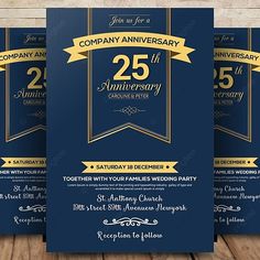 three blue and gold anniversary party flyer templates on wooden table with wood flooring