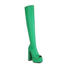 Looking for a fashion-forward and unique boot that will turn heads? Look no further than our gorgeous green thigh high boots! These stylish boots feature an open toe design and platform block heels for a look that's both fashionable and comfortable. Whether you're dressing up for a night out or just looking to add a pop of color to your outfit. these boots are sure to make a statement. Upper: Microfiber Lining: Leather Outsole: Rubber Toe: Open Toe Closure: Zip Heel: 14.5cm/6'' Platform: 5cm/5'' Green Knee-high Heeled Boots For Spring, Green Knee-high Party Boots, Green Knee-high Heeled Boots, Chic Green Knee-high Boots, Green High Heel Knee-high Party Boots, Green High Heel Knee-high Boots For Party, Trendy Green Heeled Boots For Party, Green Knee-high Heeled Boots For Party, Green High Heel Platform Boots