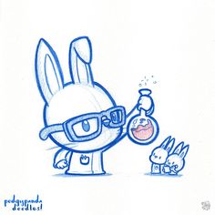 a drawing of a bunny with glasses and a beaker in front of an animal