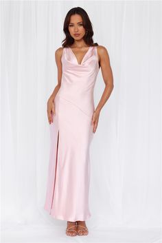 Length from shoulder to hem of size S: 139cm. 
 Chest: 42cm, Waist: 34cm, across front only of size S. 
 Maxi dress. 
 Lined. 
 Model is a standard XS and is wearing size XS. 
 True to size. 
 Non-stretch. 
 Luxurious satin. 
 Cowl neckline. 
 Cowl back. 
 Tie-up back. 
 Split to skirt. 
 Straight, flowy silhouette. 
 Zipper with hook eye closure.  
 Cold hand wash only. 
 Polyester. 
 This material is very delicate. Please handle with care. 
 Please Note: This product is a Exclusive.  
 
 Step Blush Pink Bridesmaid Dresses Black Women, Light Pink Bridesmaid Dresses, Blush Pink Bridesmaid Dresses, Candy Dress, Skirt Straight, Pink Satin Dress, Vestidos Color Rosa, Pink Bridesmaid Dress, Pink Bridesmaid Dresses