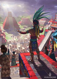 two people standing on top of a red carpet in front of an ancient city with pyramids