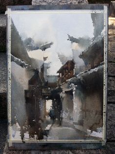 an abstract painting of buildings and people walking down the street with snow on their roofs