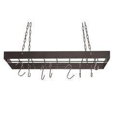 a metal rack with hooks hanging from it