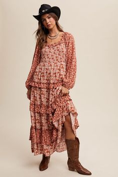 Rust Contrast Floral Print Ruffle Tiered Maxi Dress Bohemian Long Sleeve Dress With Ruffles, Bohemian Dress With Ruffle Hem, Flowy Bohemian Smocked Dress For Fall, Bohemian Maxi Dress With Ruffle Hem For Fall, Long Sleeve Peasant Dress With Floral Print For Fall, Bohemian Smocked Dress With Ruffles For Brunch, Bohemian Brunch Dresses With Smocked Cuffs, Bohemian Billowy Maxi Dress With Ruffle Hem, Bohemian Dresses With Smocked Cuffs For Brunch