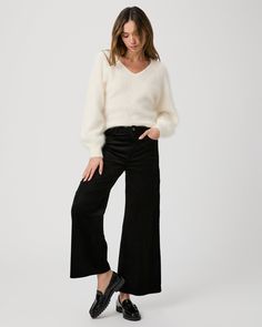 This extra wide leg is designed with a high-rise and a cropped ankle length silhouette. This on-trend style is cut from our ultra-soft velvet corduroy in black with just the right amount of stretch for a perfect fit. | Harper Ankle Wide Leg Pant - Black Velvet Corduroy | Size 23 Wide Leg Pant, Bottom Clothes, Soft Velvet, Jogger Pants, Bottoms Pants, Black Velvet, Ankle Length, Black Pants, Wide Leg Pants