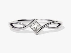 a white gold ring with a princess cut diamond in the center and an intertwined band