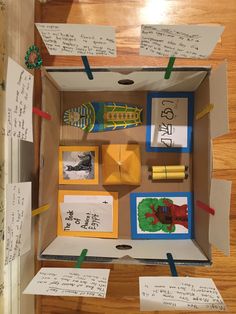 an open cardboard box with post it notes and pictures