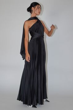 Laxmi Accordion Pleat Maxi Dress Black by Selfie Leslie Black Black Tie Dress, Black Pleated Maxi Dress, Summer Black Tie Wedding Guest Dress, Black Tie Bridesmaid Dresses, Black Tie Event Dress, Black Wedding Guest Dress, Black Satin Maxi Dress, Wedding Guest Black Tie, Fall Formal Dresses