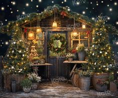 a christmas scene with lights and potted plants