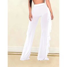 White Sheer Mesh Tasseled Bell Bottom Pants Chic Tassel Pants For Spring, Fitted Bottoms With Tassels For Spring, White Stretch Wide Leg Pants For Party, Wide Leg Bottoms With Tassels, Chic High Waist Fringe Bottoms, Spring Wide Leg Bottoms With Fringe, Casual White Party Pants, Spring Wide Leg Pants With Tassels, Casual White Pants For Party