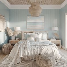 a bedroom with blue walls and white bedding, wicker baskets on the floor