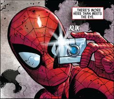 the spider - man is taking a selfie in front of an evil looking camera