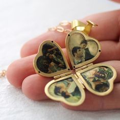 This beautifully designed personalized photo locket features a heart shape which opens out to reveal space for four different photographs, instead of the usual two! We can professionally etch your photographs inside the locket for you, to make a special and unique personalized gift. The locket is solid brass and the fine chain and clasps are gold plated brass. When clasped together, the pendant is a great, versatile size, which would look equally good worn short or long. Please refer to our illu Miss You Gifts, Engraved Locket, Silk Purse, Box Photo, Photo Locket Necklace, Vintage Lockets, Photo Necklace, Memorial Necklace, Clover Necklace