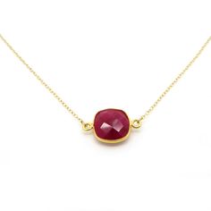 Dainty little July birthstone on gold - love this little ruby necklace! Dainty Ruby Necklace For Gift, Dainty Ruby Necklace As Gift, Gift Ruby Necklace With Delicate Chain, Ruby Necklace With Delicate Chain For Gift, Ruby Necklace With Delicate Chain As Gift, Gold Necklace Dainty, Necklace Ruby, Raw Ruby, Delicate Gold Necklace