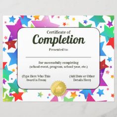 a certificate with colorful stars on it