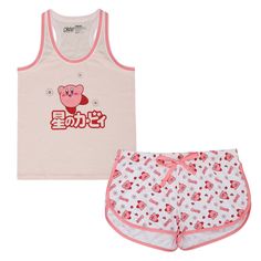 Head to Dreamland in comfort with this Kirby sleep set. The set includes a white racer back tank top with an image of Kirby on the game's kanji logo while daisies surround the character and a pair of white dolphin shorts with all over print of Kirby, kanji, and daisies. The shorts come with an elastic waistband with drawstrings. Fans of the Kirby video games will love this comfy pajama set. Kirby Onesie, Kirby Outfit, Kirby Clothes, Kirby Pajamas, Kirby Merch Aesthetic, Kirby Video, Kirby Merch, Kirby Items, Kawaii Hello Kitty Print Sleepwear For Loungewear