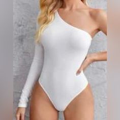 Never Worn, Off-White White One Shoulder Swimwear For Spring, White One-shoulder Swimwear For Spring, White One-piece Bodysuit For Spring, White One-shoulder Bodysuit For Summer, Chic White One-shoulder Bodysuit, White Fitted One-shoulder Bodysuit, White Stretch One-piece Bodysuit, White Ruffled One-piece Bodysuit, Casual White High-stretch Bodysuit