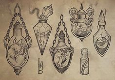 an old fashioned drawing of different items hanging from chains and bottles on a piece of paper