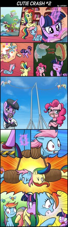 many different pictures of the same pony and other animals in each picture, one has pink hair