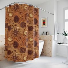 a bathroom with a large shower curtain in the center and a bathtub next to it