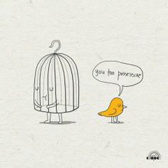 a drawing of a bird in front of a cage with a thought bubble above it