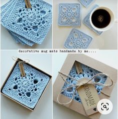 crocheted coasters made from blue yarn and tied with twine