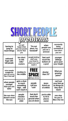 the short people problem is shown in blue and white with words on it, including free space