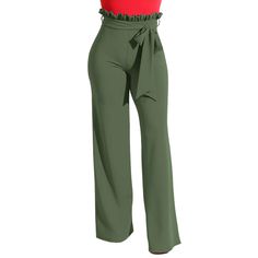 Army Green Ruffle Hem Straight Leg Casual Pants Chic Wide Leg Pants With Ruffles For Spring, Chic Spring Wide Leg Pants With Ruffles, Chic Solid Bottoms With Ruffles, Chic Ruffled Solid Color Bottoms, High-waist Green Ruffled Bottoms, Chic Green Bottoms With Ruffles, Green High-waist Ruffled Bottoms, Chic Green Ruffled Bottoms, Fall Workwear Pants With Ruffles