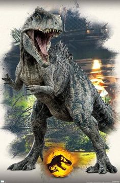 a dinosaur with its mouth open and it's teeth wide open, standing in front of a dark background