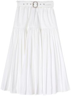 white cotton pleat detailing belted waist two side inset pockets mid-length Tiered Skirt With Pleated Waist And Voluminous Fit, White Cotton Pleated Maxi Skirt, Elegant White Skirt With Folds, Tiered Skirt With Pleated Waist, Cotton Pleated Tiered Maxi Skirt, White Midi-length Accordion Pleated Skirt, Daywear Tiered Pleated Skirt With Lining, White Midi Length Accordion Pleated Skirt, White Flowy Pleated Midi Skirt