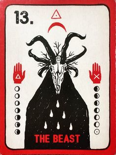 the beast tarot card is shown in red and black, with hands reaching for it