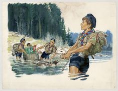 an illustration of a man with backpacks and other people wading in the water