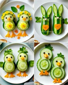 cucumber cut into birds and vegetables on plates