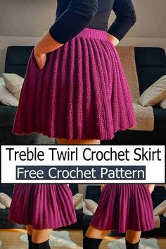 a woman wearing a purple skirt and black top with text overlay that reads, treble twi crochet skirt free crochet pattern