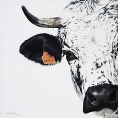 a painting of a black and white cow's head with an orange tag in its ear