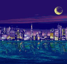 an image of a city skyline at night with the moon in the sky over water