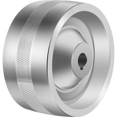 an aluminum pulley on a white background with the center wheel facing upward to the camera